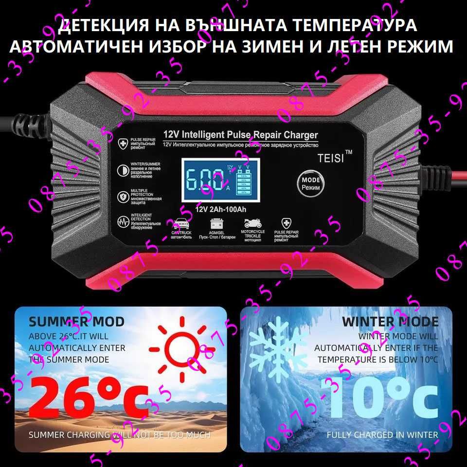 Импулсно СМАРТ зарядно за Акумулатор 12V 8A Автомобил Кола Мотор SMART