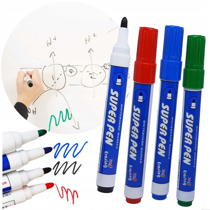 Set 4 Markere Whiteboard Lavabile Negru Albastru Rosu Verde 2.8 mm