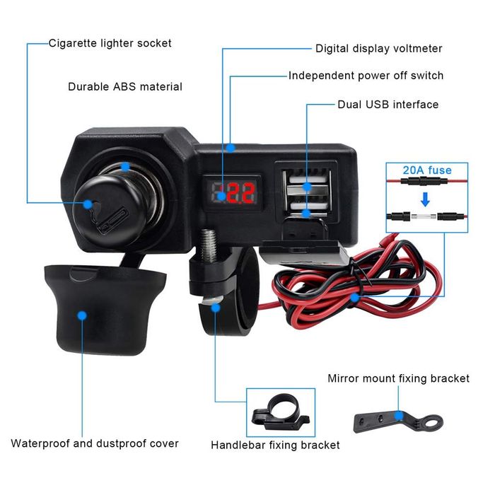 Încărcător adaptor USB dublu ZocoMoto, pentru motociclete, Negru
