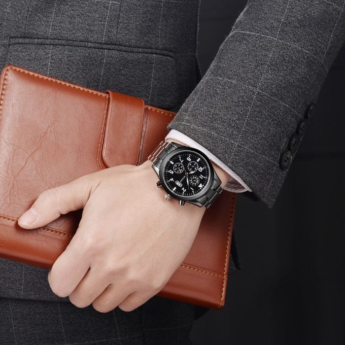 Мъжки луксозен моден ръчен часовник с календар от неръждаема стомана