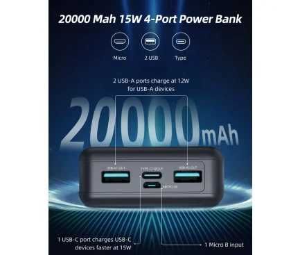 Power Bank 20000mAh 15W 2x USB-A 1x USB-C Neagra baterie externa