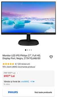 Monitor Philips IPS 27" SRGB 100%, FHD, HDMI, D-sub, VGA, 75hz, 5ms