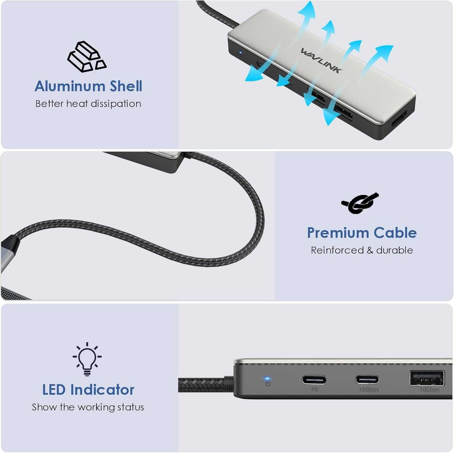 WAVLINK USB C 3.2 хъб HDMI, 10Gbps USB C към HDMI адаптер с 85W PD