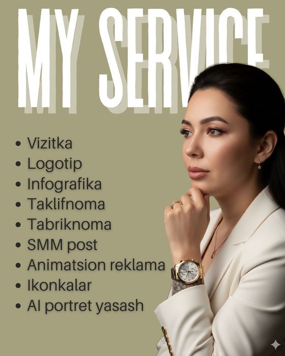 Sizning biznesingiz kuchli dizaynga loyiq!
Men logotip, vizitka va rek