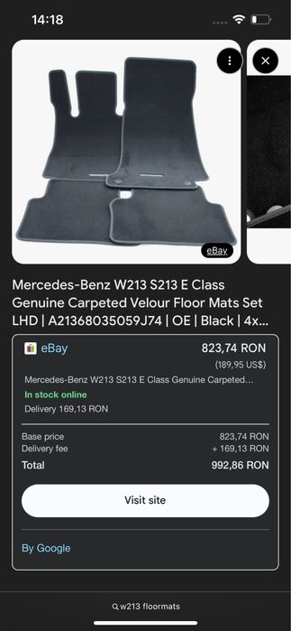 Set Covorase Velour Mercedes E Class w213 Avantgarde Originale MB