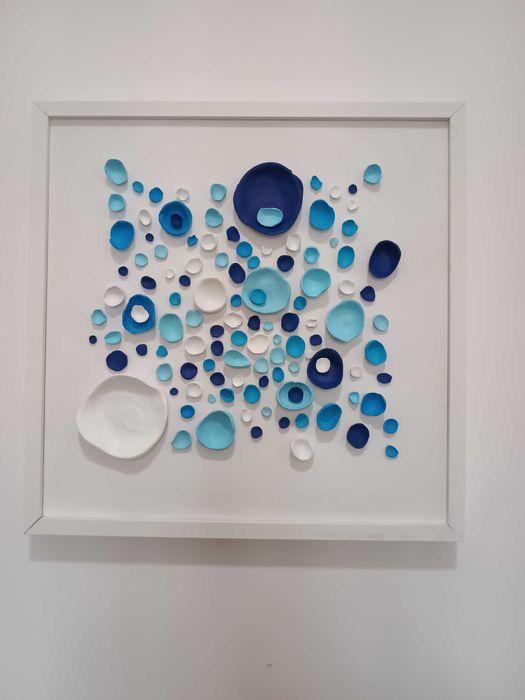 Tablou modern 3D alb-albastru–decor perete, lucrat manual,piesă unicat