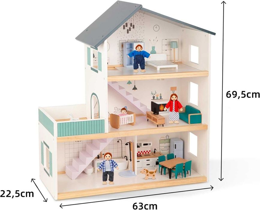 Дървена къща за кукли OOOK с комплект мебели, 4 семейни кукли и куче