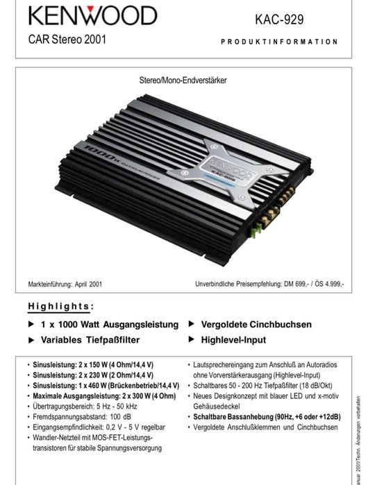 Amplificator auto Kenwood KAC 929 Mosfet top SQ