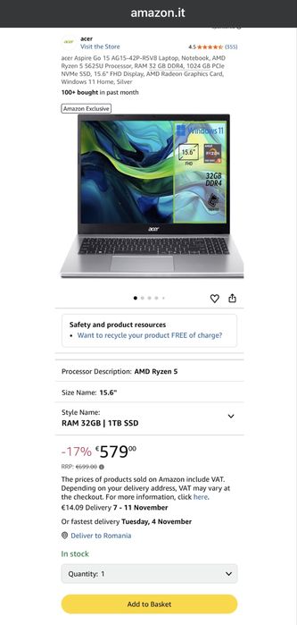 Laptop Acer Aspire Go 15 R5-5625U 15.6” Silver 32GB 1TB Nou Sigilat