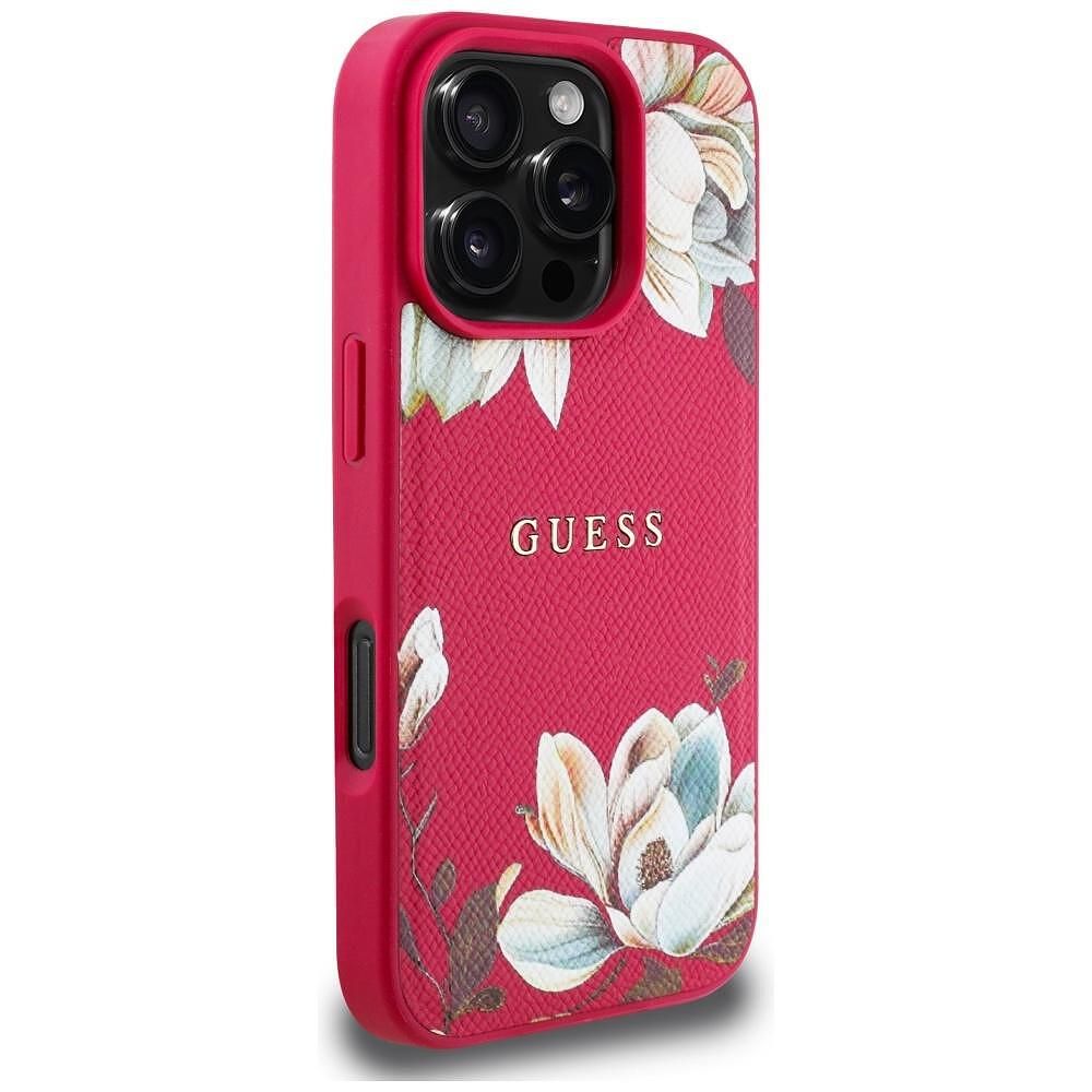 Guess grained flowers magsafe калъф за iphone 16 pro – fuchsia