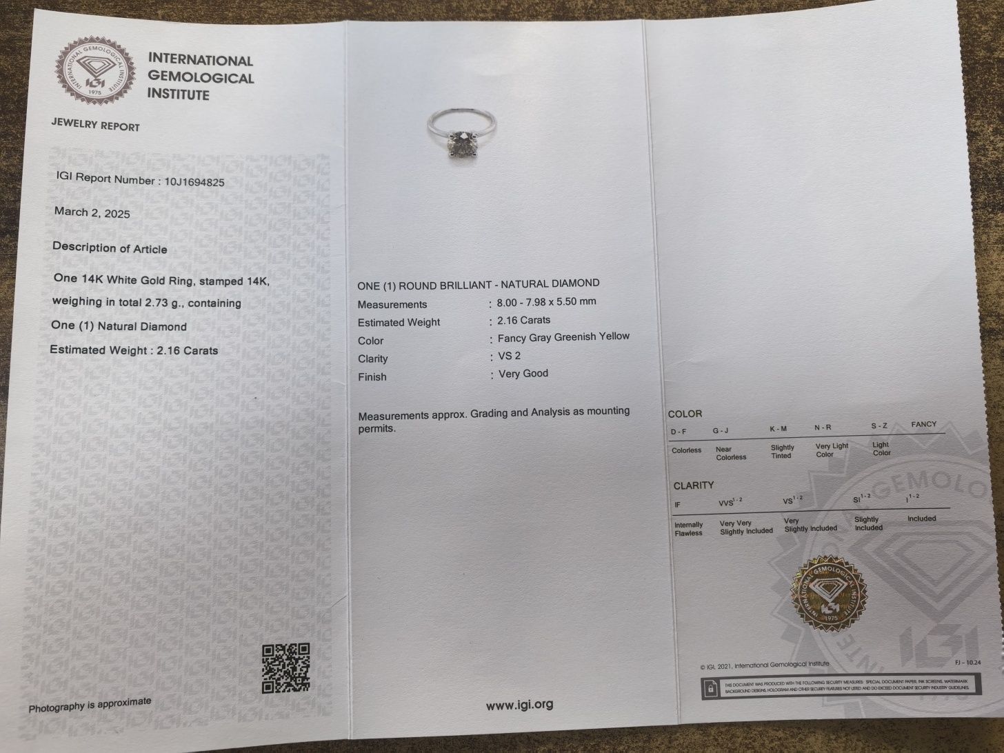 Златен пръстен с диамант 2.16 CT Fancy Color
