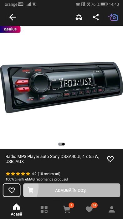 Radio MP3 Player auto Sony DSXA40UI, 4 x 55 W, USB, AUX, telecomanda