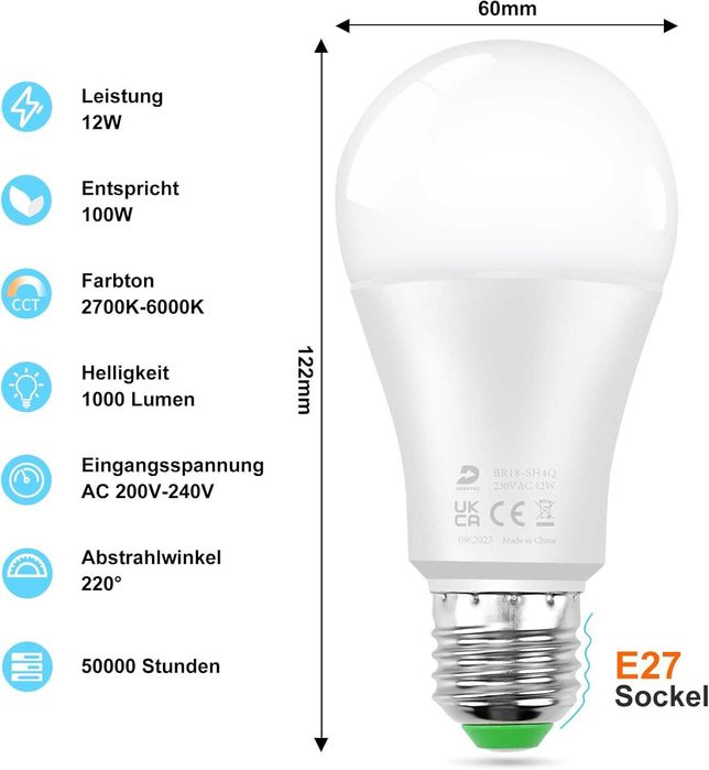 Комплект от 4 смарт LED крушки E27,12W,2700K–6000K, Bluetooth & Alexa