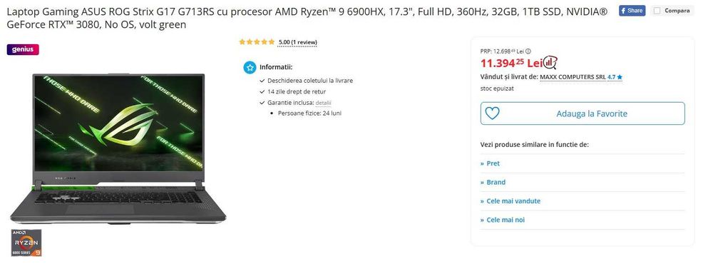 Laptop Gaming ASUS ROG Strix G17 G713RS- Baterie noua