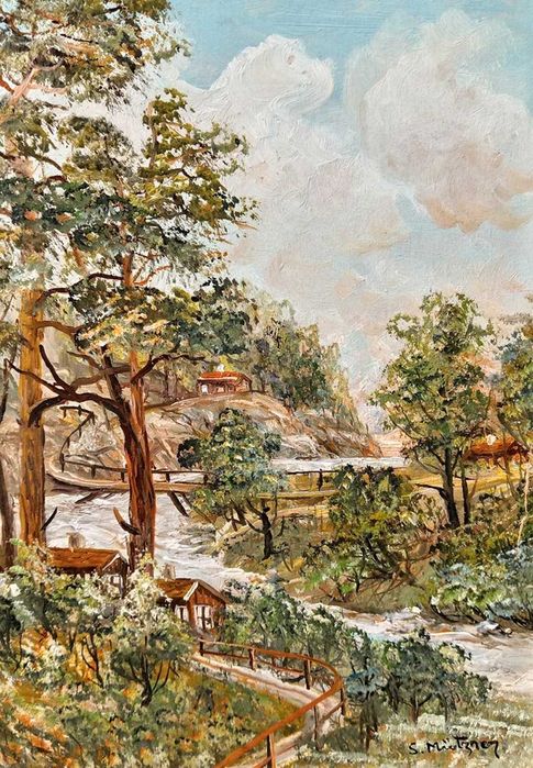 Tablou vechi - peisaj montan cu rau - semnat S. Mutzner