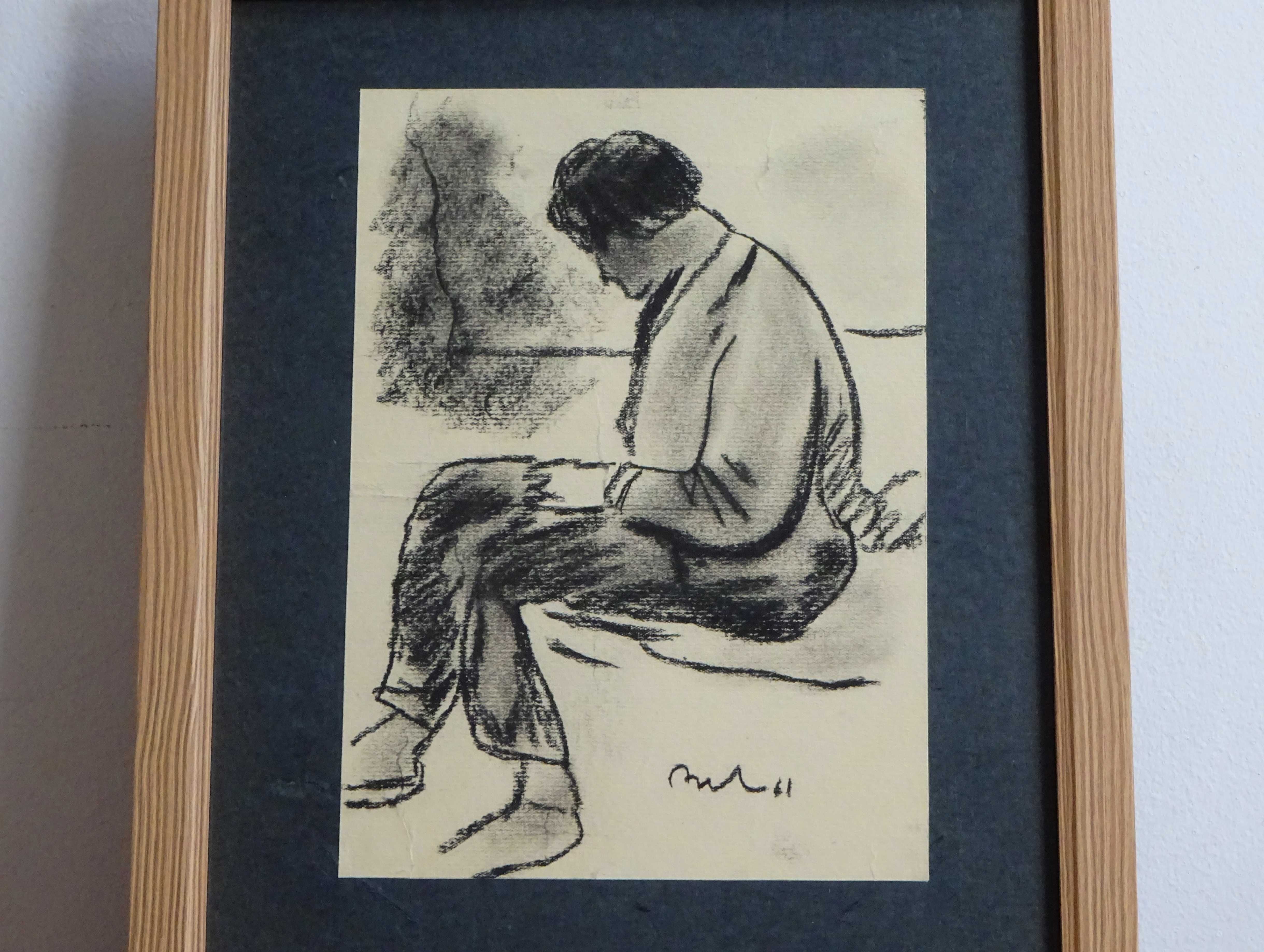 Corneliu Baba, ’Repaus’ | Tablou vechi, carbune pe hartie