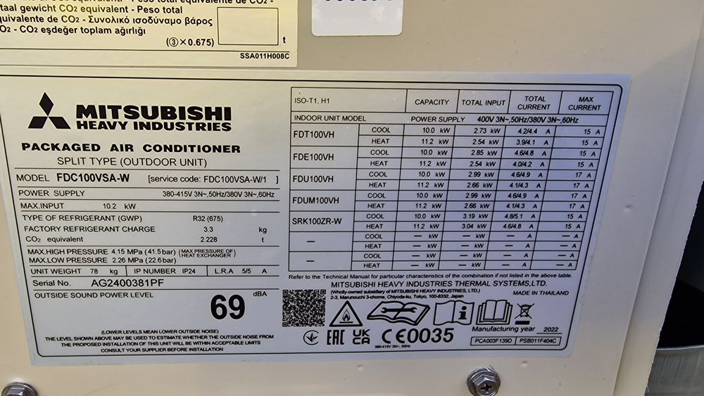 Mitsubishi heavy FDC100VSA-W 11kw 3 фазен нов с транспортен дефект