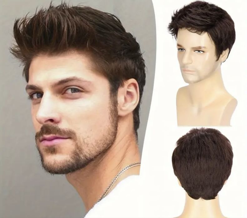 Мъжка перука - къса кафява коса – естествен вид , универсален размер
