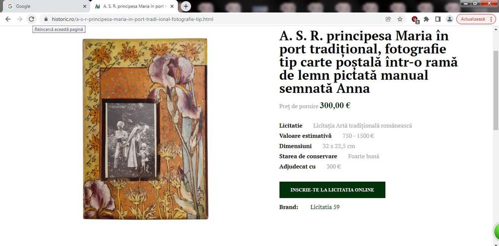 Fotografie principesa Maria, rama pictata si semnata Anna - UNICAT