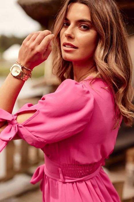 Миди рокля с подвързани ръкави - Розова