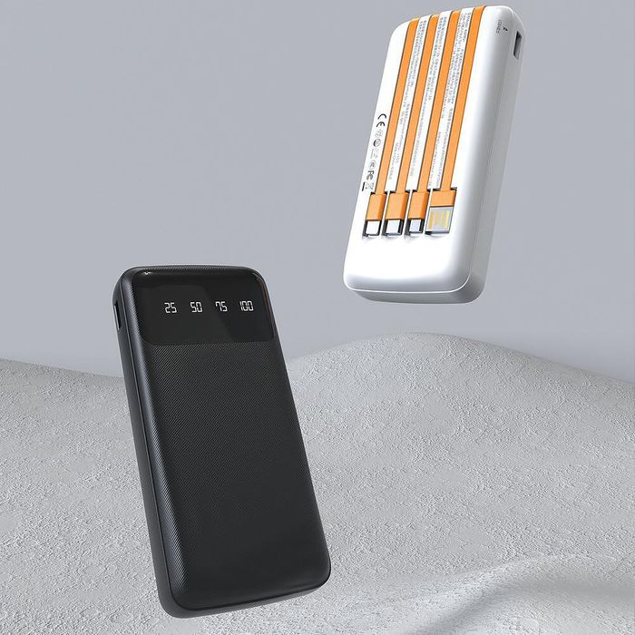 Външна батерия с вградени usb-a, usb-c, lightning и microusb кабели -