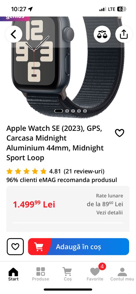 Apple Watch SE (2023), GPS, Carcasa Midnight Aluminium 44mm, negru.