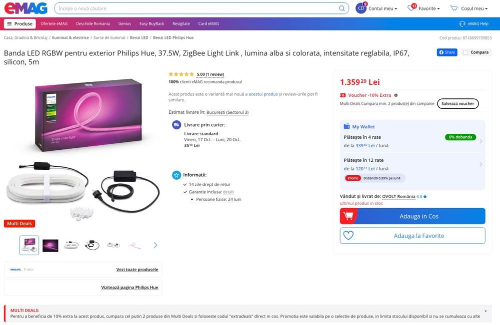 Banda LED RGBW pentru exterior Philips Hue