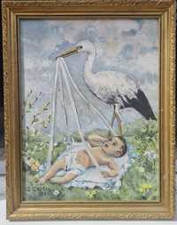 Tablou pictor roman 1965 Barza cu bebeluș pictura ulei inramat 42x54cm