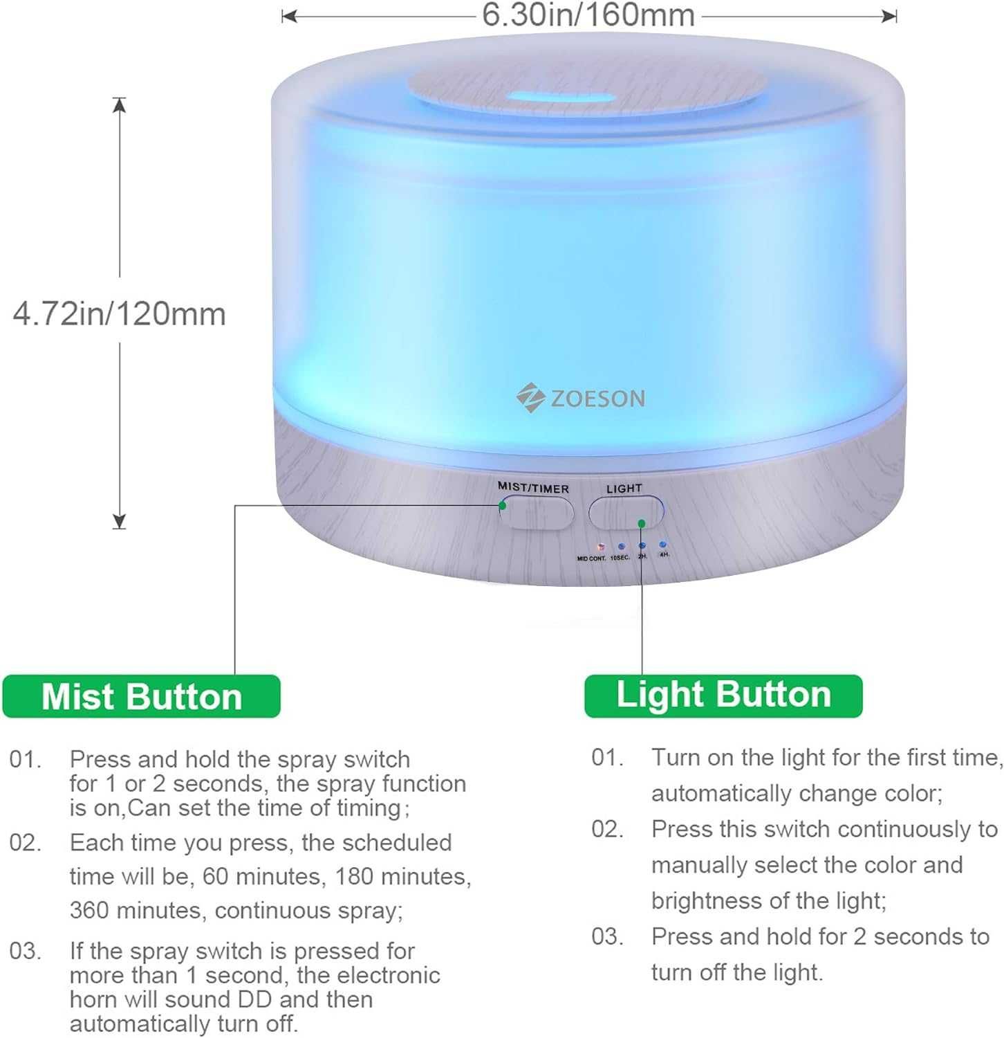 Difuzor Aromaterapie/Umidificator cu ultrasunete, 550-700 ml ,LED