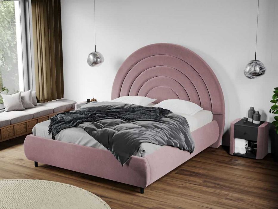 Pat Tapitat Leo Roz Velluto 14 cu tablie semirotunda rabatabil