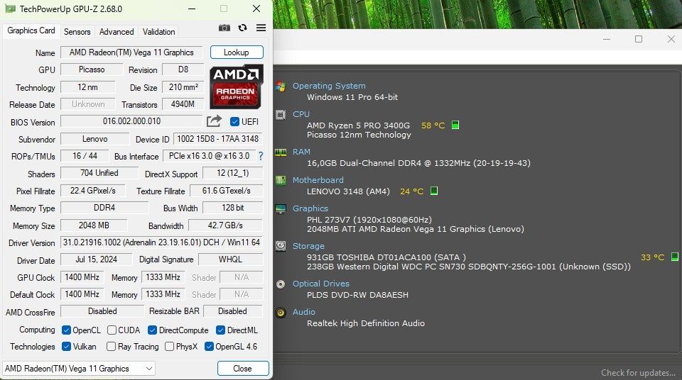 Mini PC Ryzen 5 3400G 3,7Ghz, 16GB, 256GB+1TB, Radeon Vega 11 2GB, W11