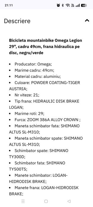 Bicicleta NOUA  Omega Legion 29 - preț fix 1300