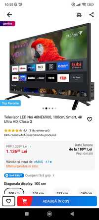 Televizor LED Nei 40NE6900, 100cm, Smart, 4K Ultra HD, Clasa G