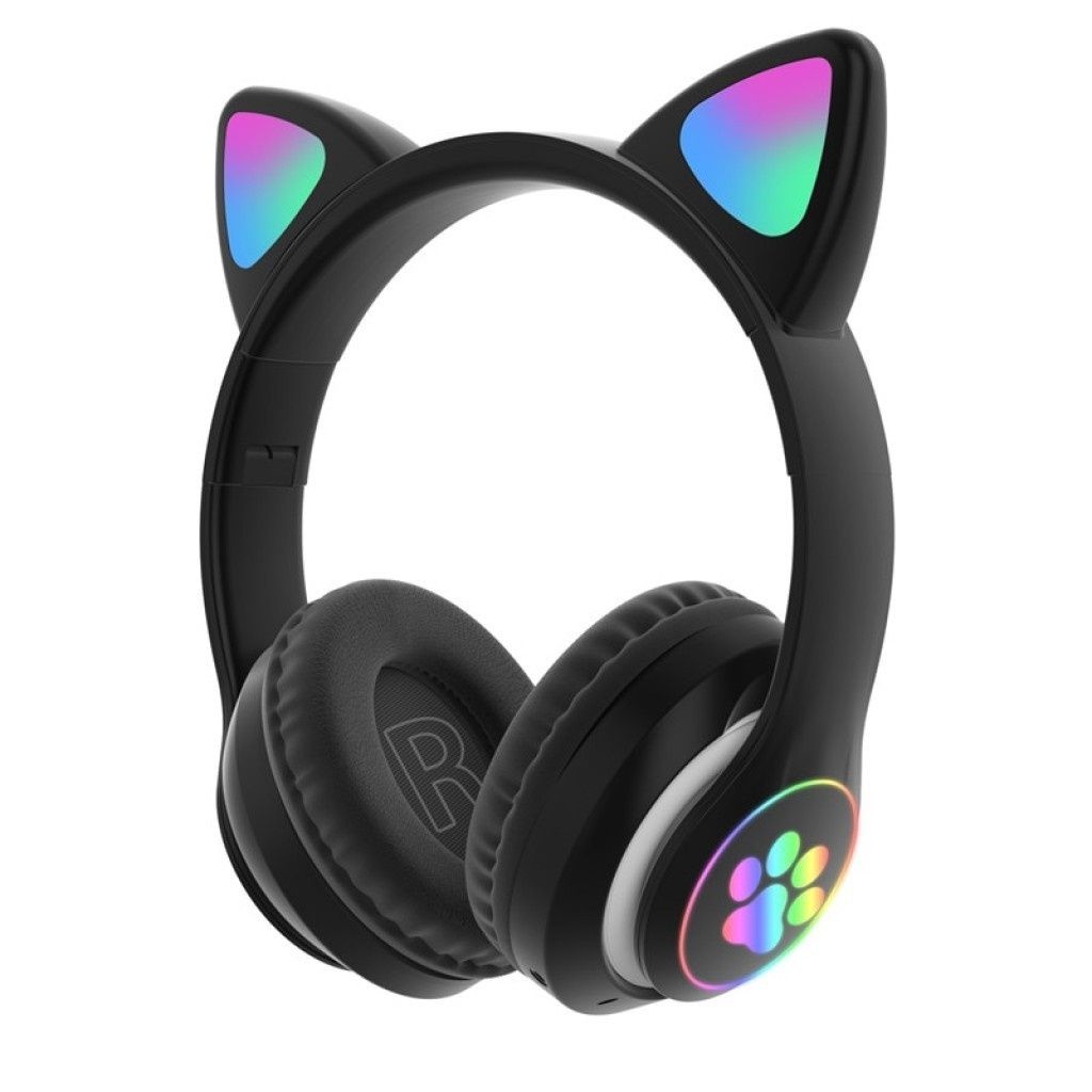 Котешки детски слушалки, Безжични, LED цветни светлини / Цвят: черен,