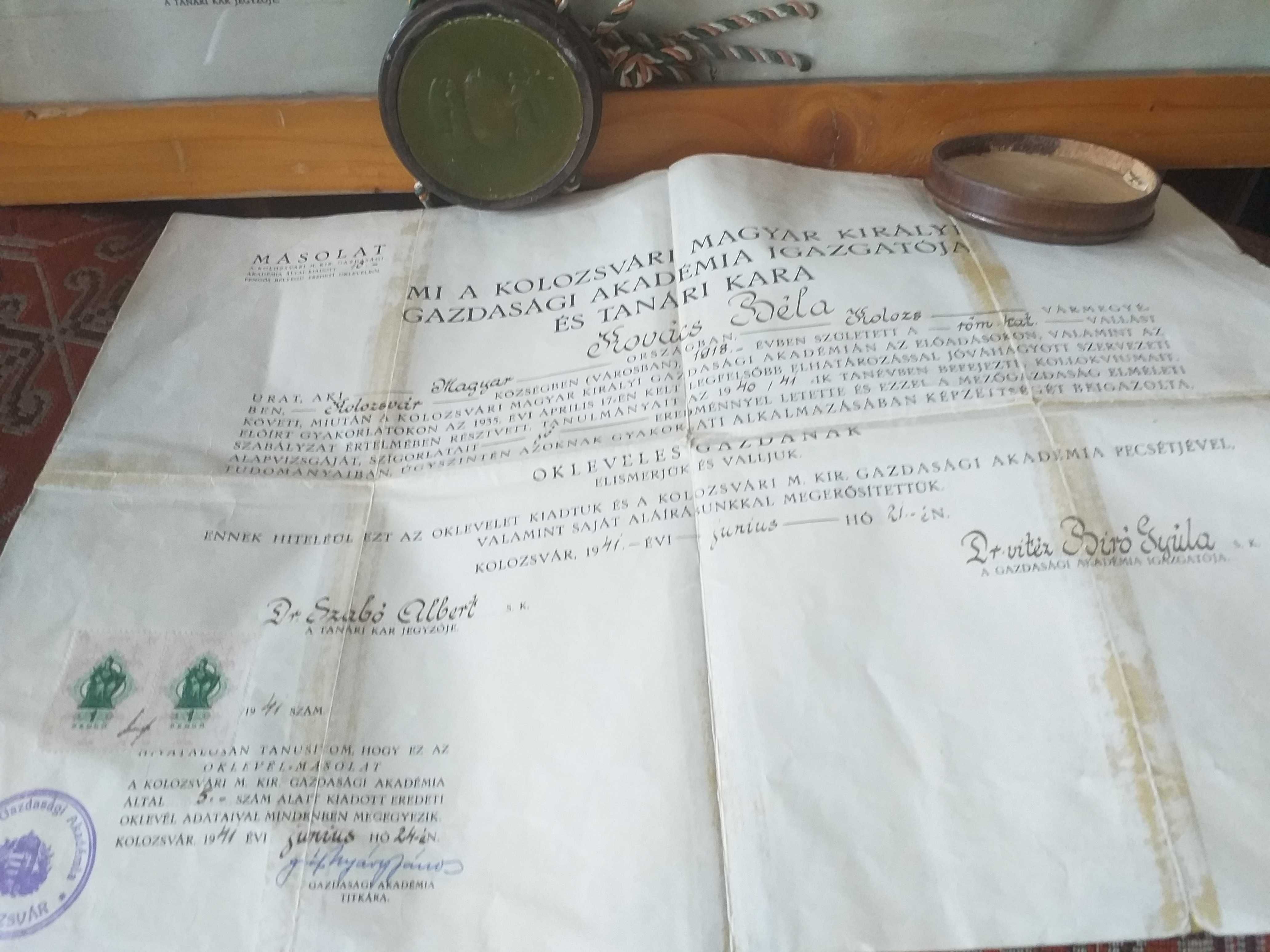 Diploma cu sigiliu de ceara Agronomia Kolozsvar 1941, 1943