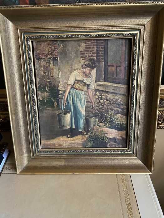 Superba pictura-ulei pe panza-Tanara femeie langa fantana-Franta