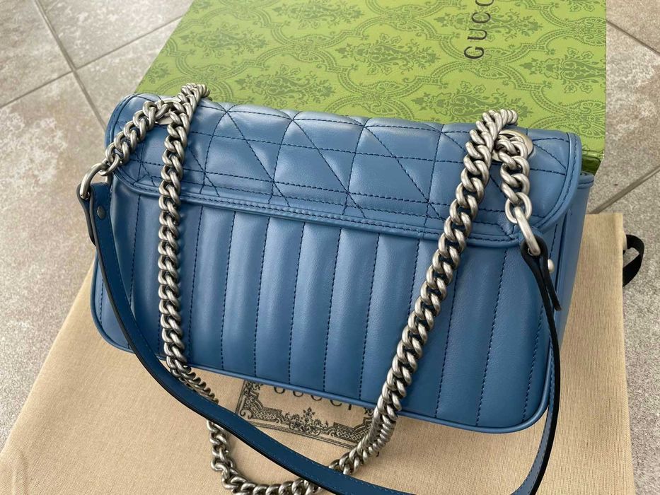 Geanta Gucci din piele albastra autentica Gucci Marmont, maner si lant