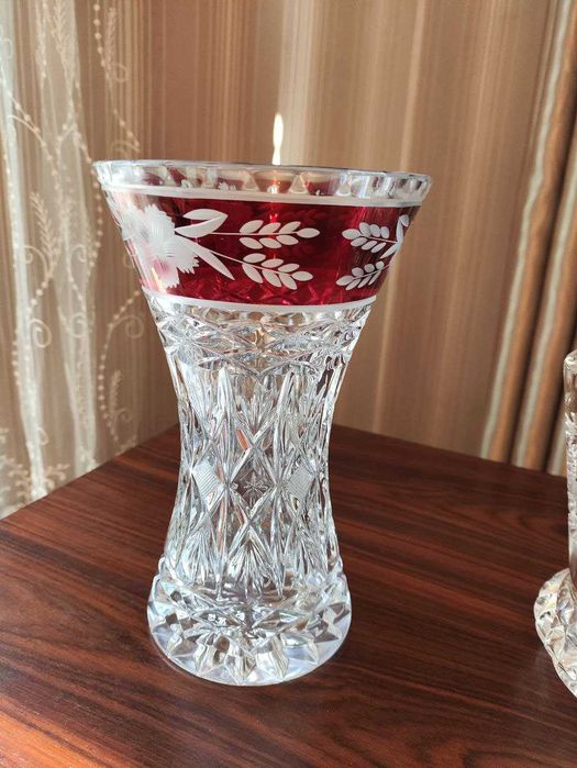 Винтажные вазы Богемский хрусталь.Алмазная грань.Цветной орнамент.