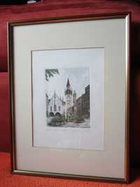 cadou rar-tablou-Gravura Munchen-Orașul vechi,semnata,rama lemn