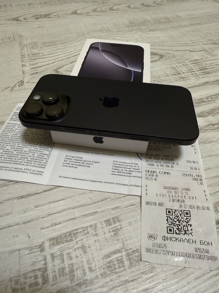 КАТО НОВ Iphone 16 Pro Max 256GB Black 5G 24м. ГАРАНЦИЯ