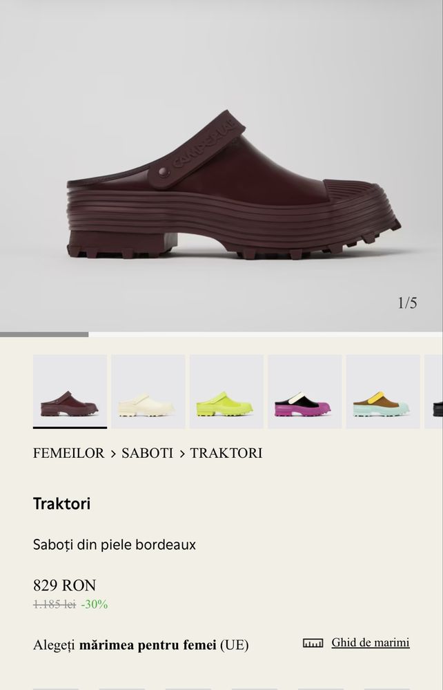 Saboți traktori din piele bordeaux CamperLab, mărime 40, unisex.