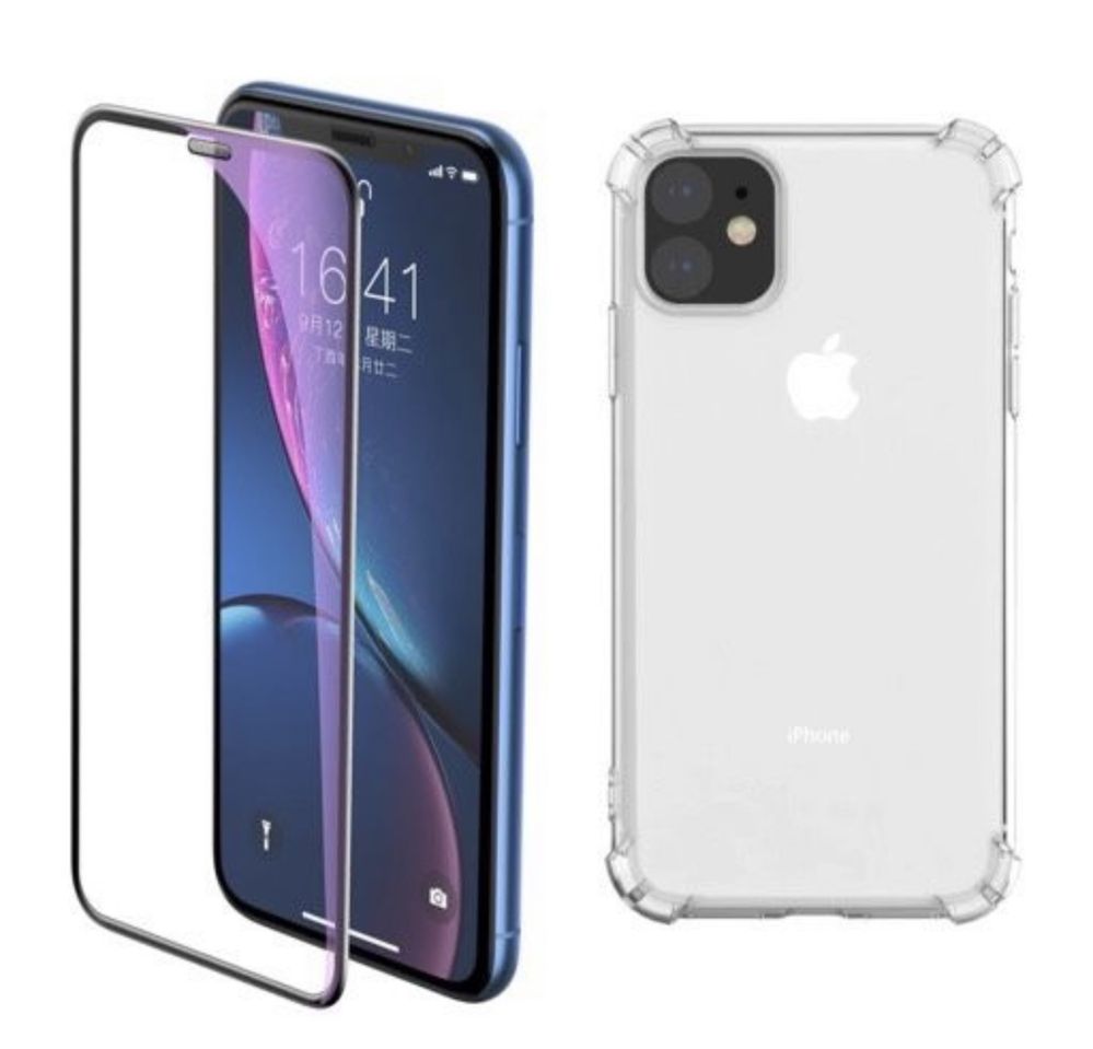 Iphone 11 12 PRO MAX - Husa Silicon Anti Soc si Folie Sticla HD Glare