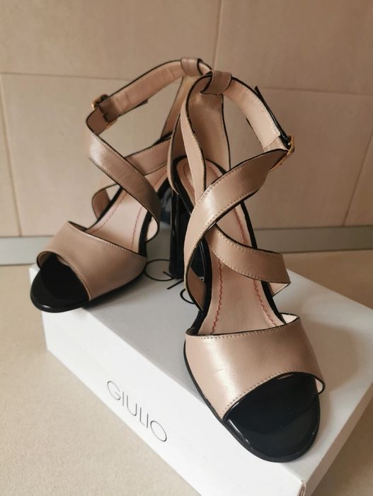 Sandale GIULIO crem /bej/ nude + negru piele naturala