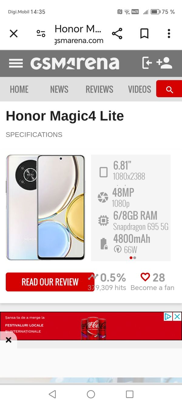 Honor magic 4 Lite,5 G,6 gb ram,128 gb memorie