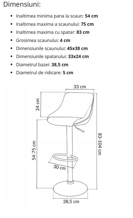 Scaun bar pivotant modern cu spatar, reglabil
