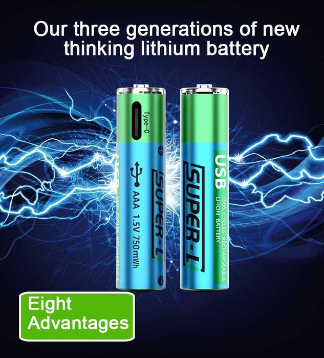 2 штук АА Li-ion батарейки 1.5V 2500 mWh USB с USB кабель (Super-L)
