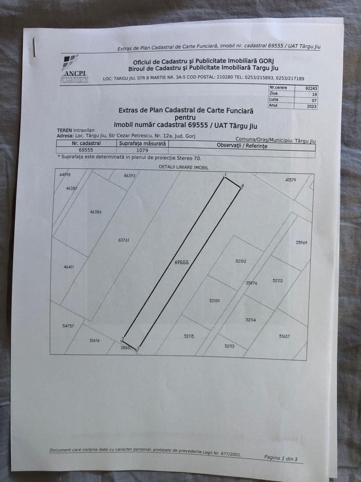 Vand teren -Tg-Jiu, Str Cezar Petrescu, cadastru, 1079 , mp,negociabil
