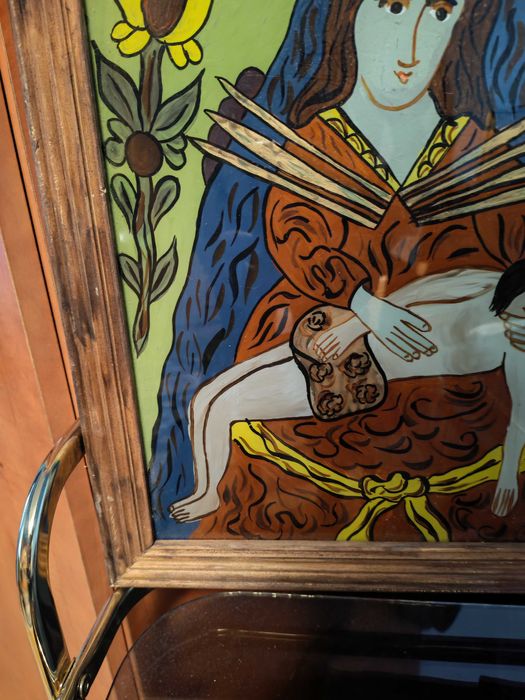 Icoana catolica poloneza veche, pictata pe sticla