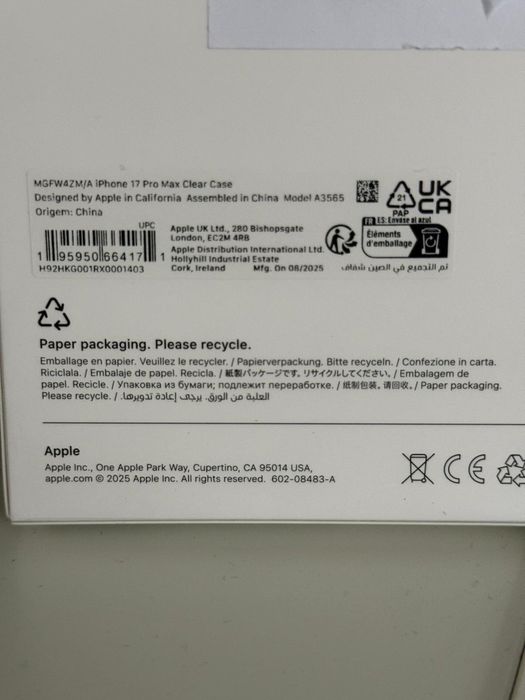 Husa Apple Clear Case Transparent iPhone 17 pro max ORIGINALA Sigilata