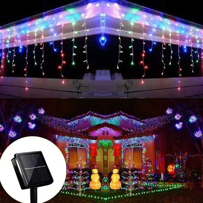 Коледни соларни лампички LED завеса 3.5м х 20-50см RGB светлина